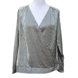 Guess Black Stripe Wrap Blouse Satin V-Neck Long Sleeves Banded Hem